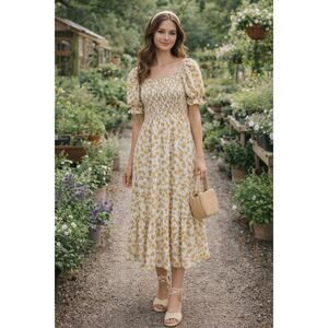 Yellow Floral  Midi Dress Smocked Size S Cottagecore Milkmaid Prairie